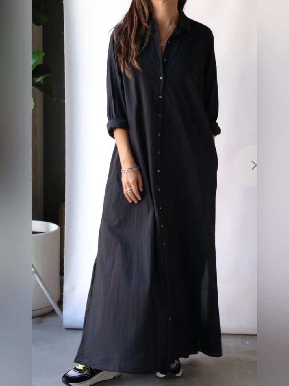 XiRENA Black Long Button-Front Shirt Dress with Pockets M
